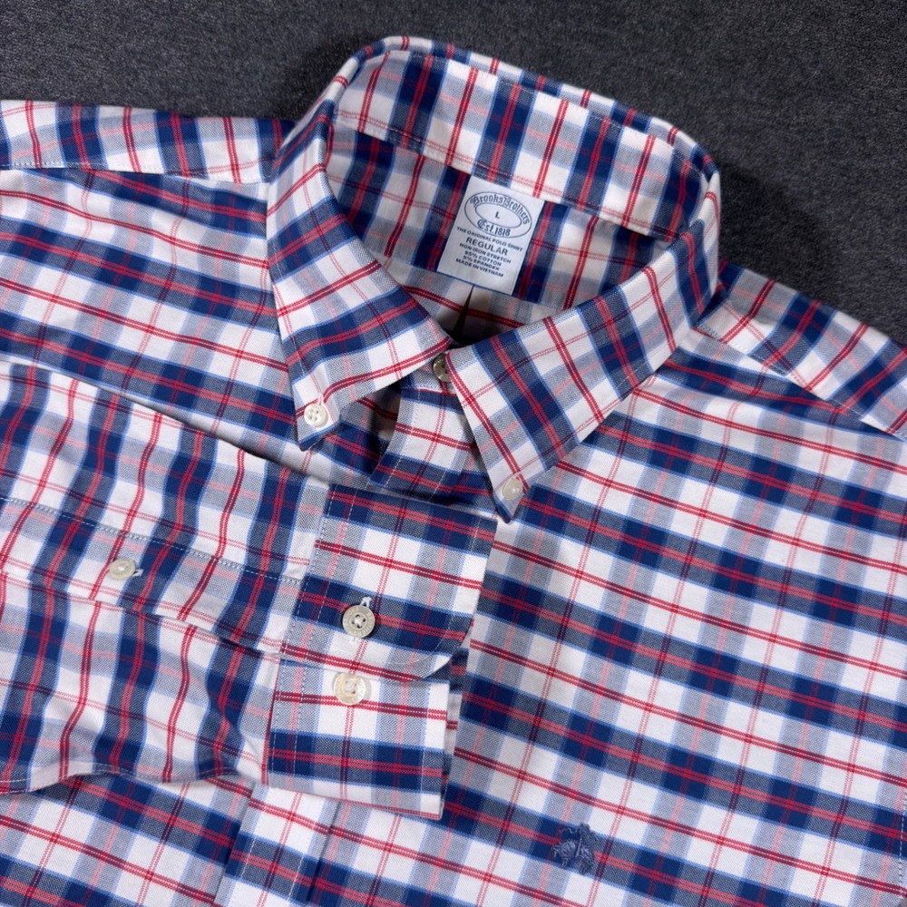 Brooks Brothers Oxford Shirt Mens L Red Blue Plaid Regular Fit Non-Iron Stretch